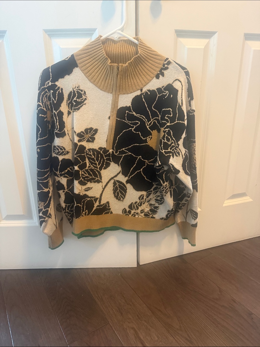 Maeve Beige, Black and Cream Floral Half-Zip V-Neck Sweater